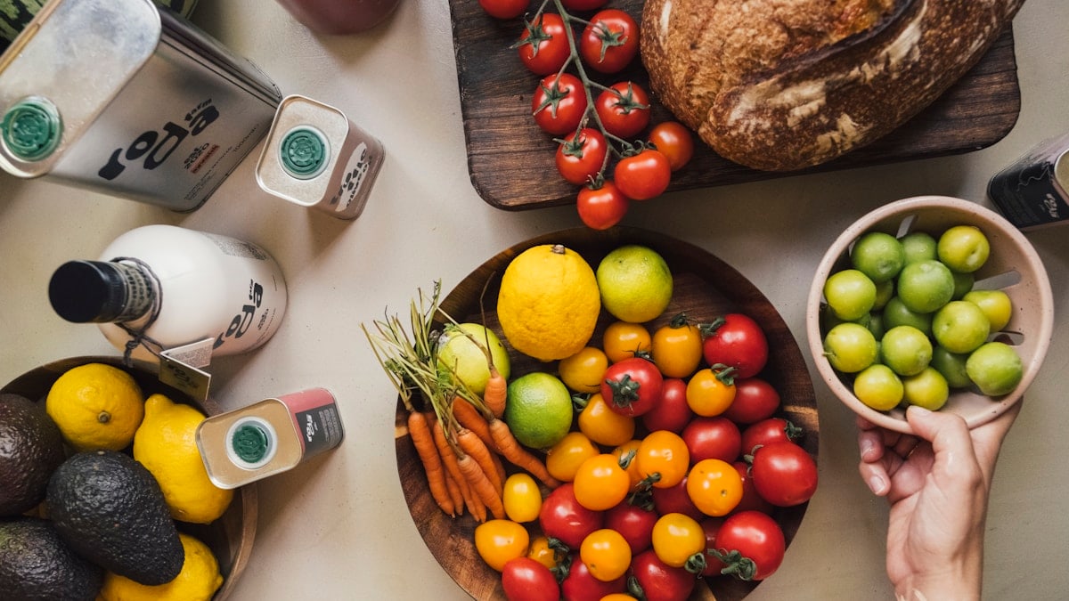 Fresh fruits and vegetables arranged on a table